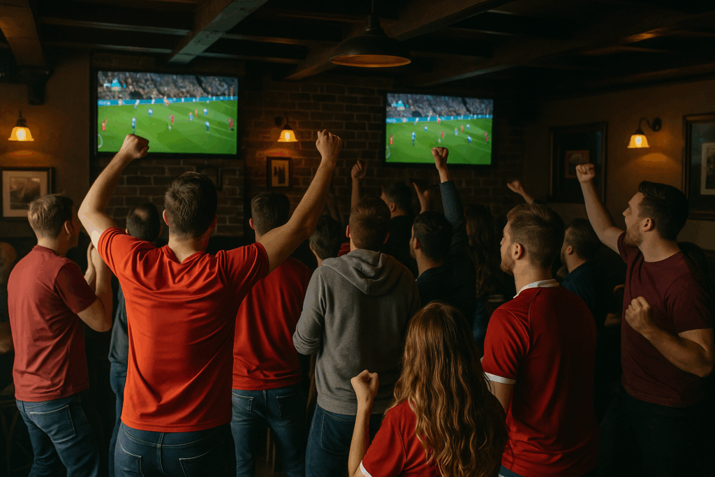 An image showing football fans in a pub gathered around television screens cheering in support of their team.