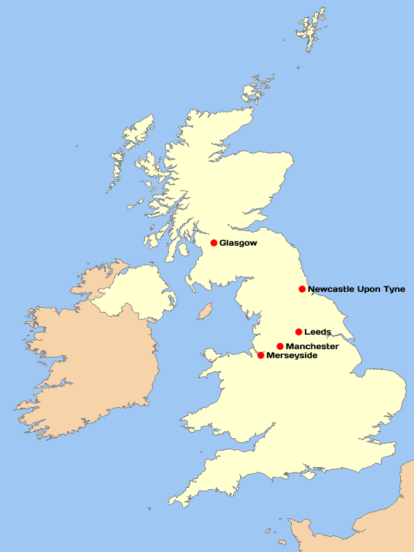 A map of the United Kingdom, highlighting where Glasgow, Newcastle upon Tyne, Leeds, Manchester and Merseyside are.