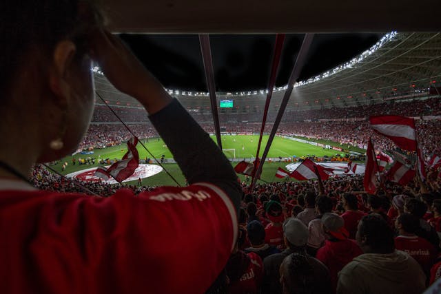 Football fans supporting their team by watching on from the stands.