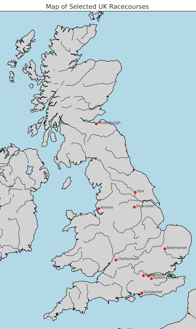 An AI generated map highlighting the locations of some of the most popular racecourses in the UK.